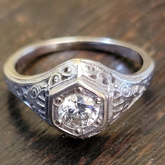 1/3 Carat Diamond, 14K White Gold Engagement Ring Set, Size 5, Vintage-Inspired - Picture 2 of 5